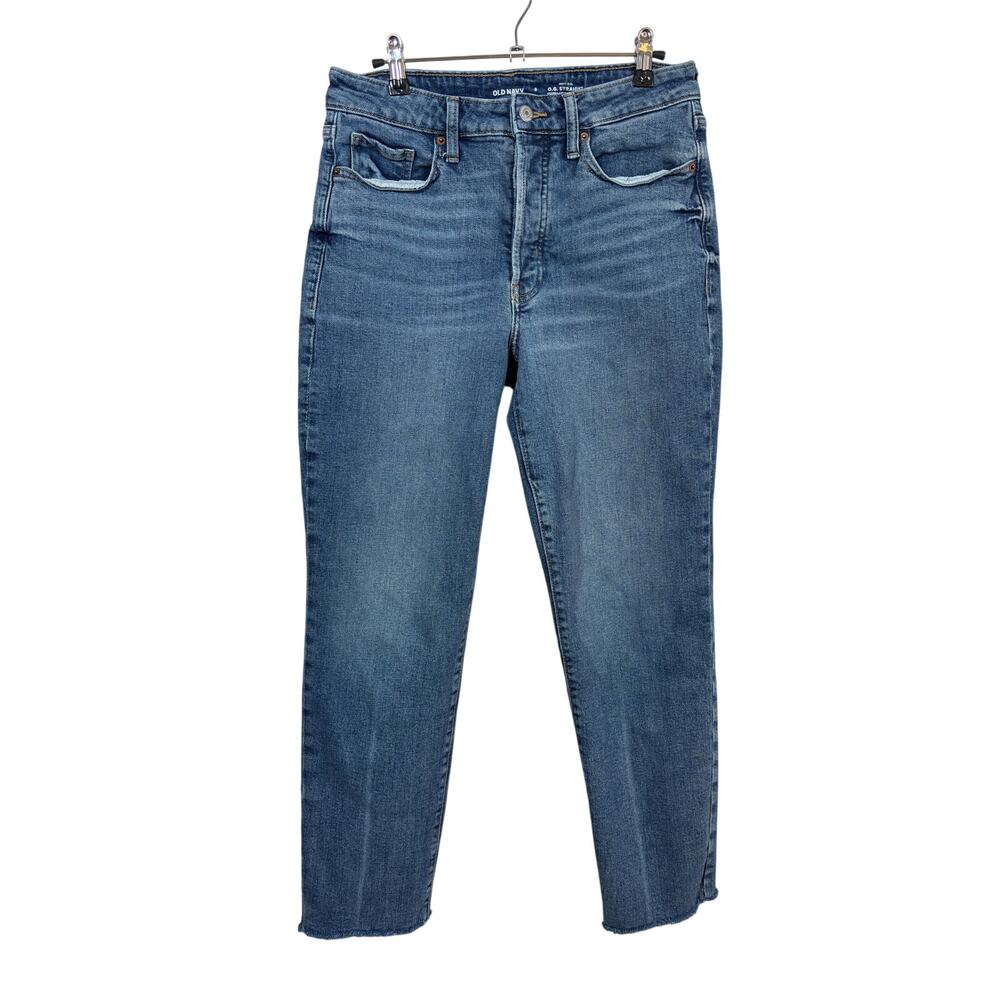 Old Navy O.G. Straight Jeans Womens 8 Blue High Rise Button Fly Raw Hem